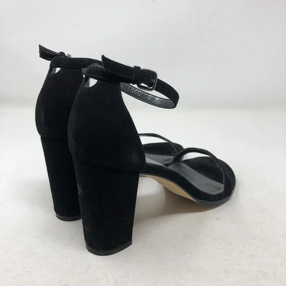 Stuart Weitzman Nearly Nude Strappy Block Heels Womens 9 Black Suede Going Out‎